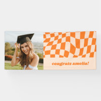 Retro Orange Chequerboard Graduation Photo Congrat