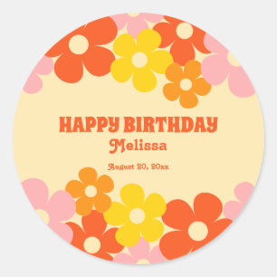 Retro Orange Colorful Boho Flower Happy Birthday Classic Round Sticker