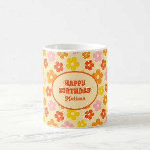 Retro Orange Colorful Boho Flower Happy Birthday  Coffee Mug