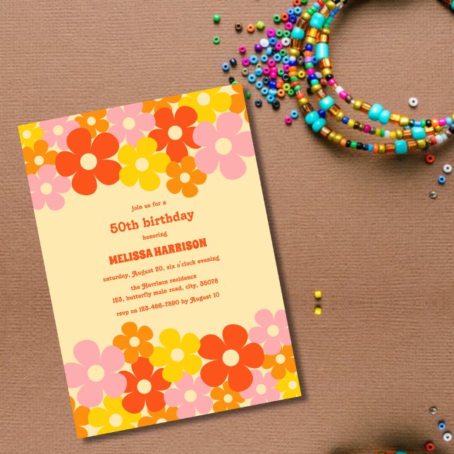 Retro Orange Colourful Boho Flower 50th Birthday Invitation (Creator Uploaded)