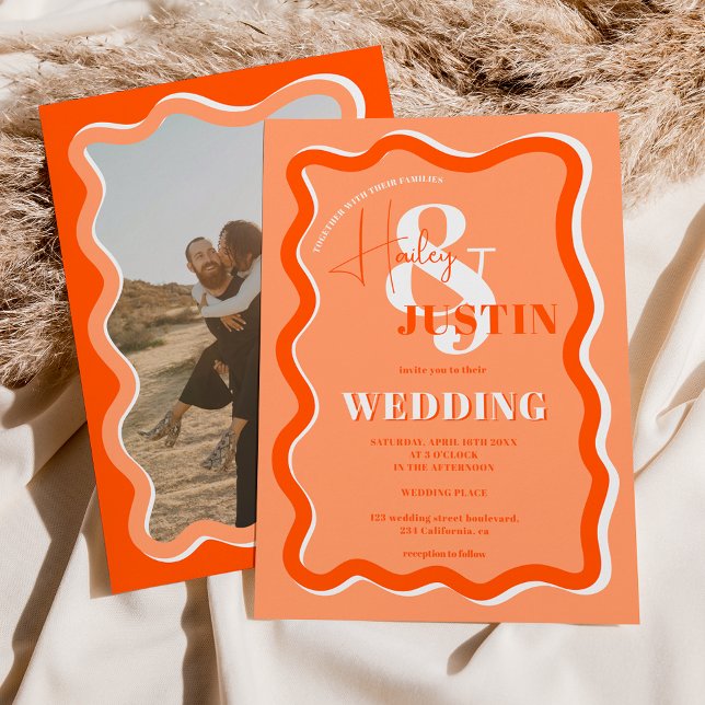 Retro orange curve squiggle wavy wedding photo invitation (Creator Uploaded)