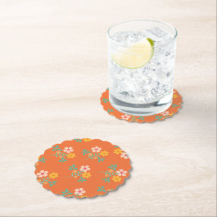 Retro Orange Daisy Bouquet Pattern Paper Coaster