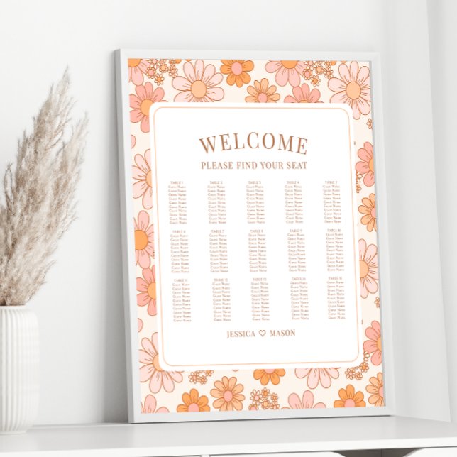 Retro Orange Daisy Floral Wedding Seating Chart (Creator Uploaded)