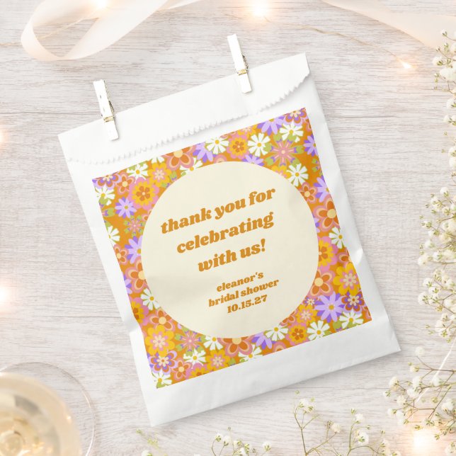 Retro Orange Floral Custom Bridal Shower Thank You Favour Bag (Clipped)