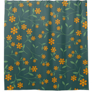 Retro Orange Floral Dark Teal Pattern Shower Curtain