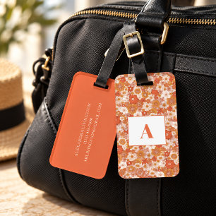Retro Orange Floral Monogram Girls Trip Travel Luggage Tag