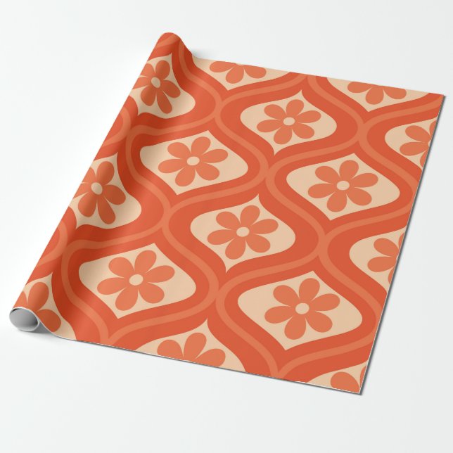 Retro Orange Flower Pattern on Mid Century ogee  Wrapping Paper (Unrolled)
