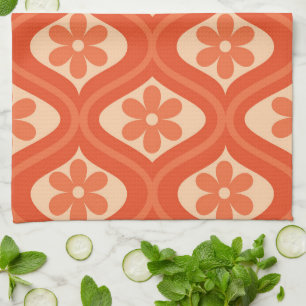 Retro Orange Flowers Pattern on Vintage Ogee Tea Towel