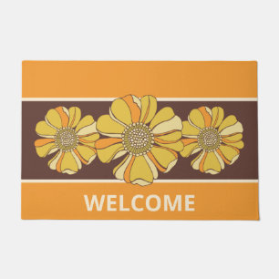 Retro Orange Gold Groovy Floral Doormat