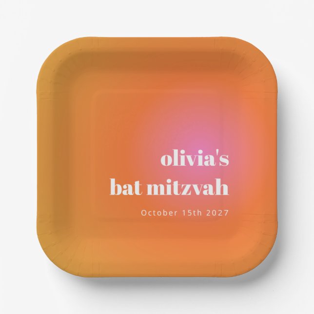 Retro Orange Gradient Unique Bat Mitzvah Custom Paper Plate (Front)