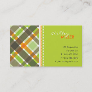 Retro Orange Green Checks Plaid Pattern Modern Business Card