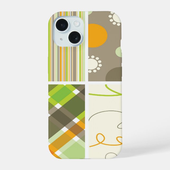 Retro Orange Green Plaid Pattern Dots Scribbles iPhone 15 Case (Back)