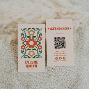 Retro Orange Green QR Code Groovy Floral Boho Business Card