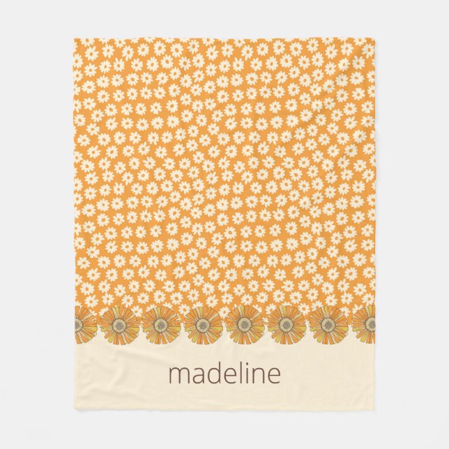 Retro Orange Groovy Floral Fleece Blanket (Front)