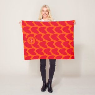 Retro Orange Groovy Red Hearts Name Over Monogram Fleece Blanket