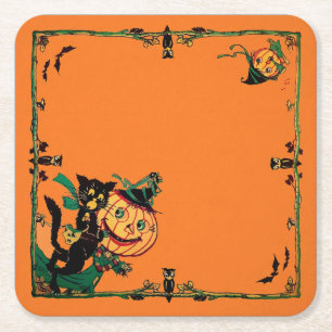 Retro Orange Halloween Square Paper Coaster