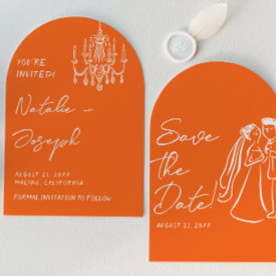Retro Orange Hand Drawn Summer Arched Wedding Save The Date