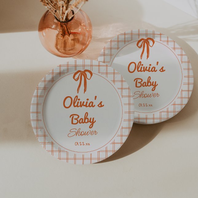 Retro Orange Hand Drawn Written Bow Baby Shower Paper Plate (Creator Uploaded)