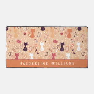 Retro Orange Heart Cats Desk Mat