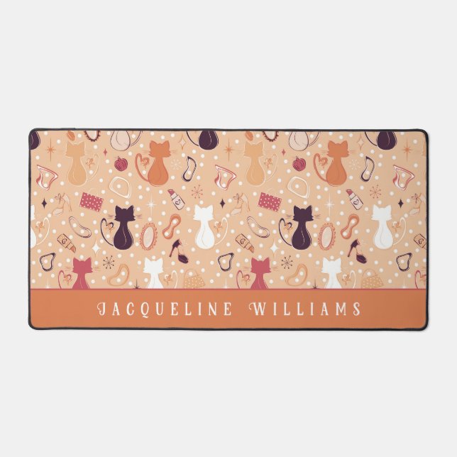 Retro Orange Heart Cats  Desk Mat (Front)
