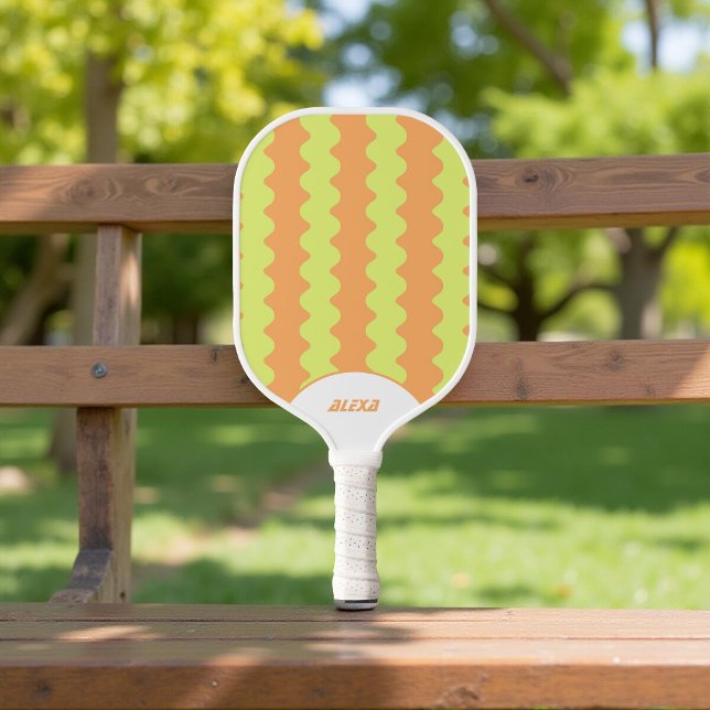 Retro Orange Lime Green 70s Stripes 90s Squiggles Pickleball Paddle (Creator Uploaded)