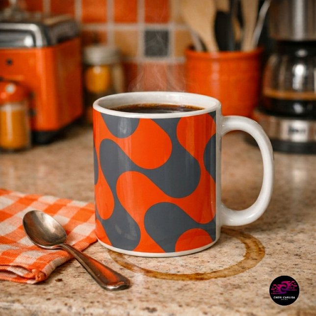 Retro Orange Mod Wave Pattern Coffee Mug (Funky coffee mug. Serious personality.)