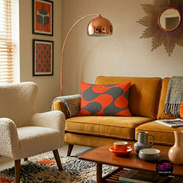 Retro Orange Mod Wave Pattern Decorative Cushion (Your sofa just found its personality.)