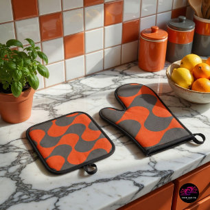 Retro Orange Mod Wave Pattern Oven Mitt & Pot Hold Holder Set