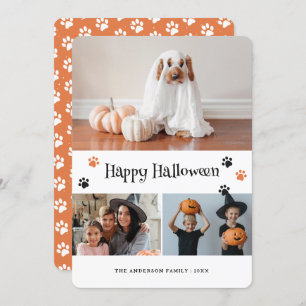 Retro Orange Paw Print Pet Photo Halloween Card