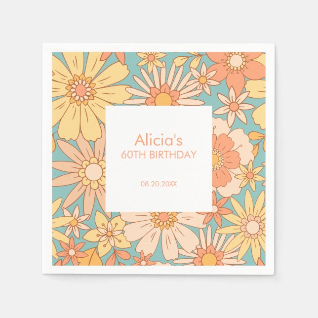 Retro Orange Peach Botanical Green 60th Birthday Napkin (Front)