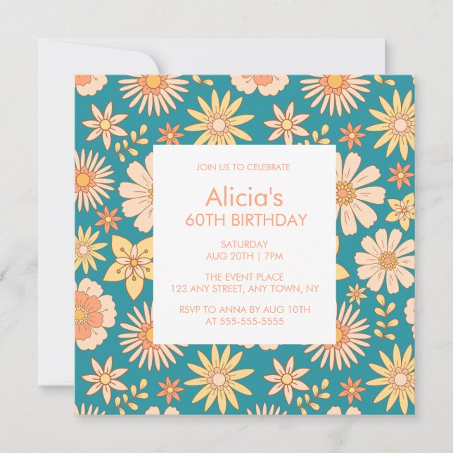 Retro Orange Peach Flora Green 60th Birthday Invitation (Front)