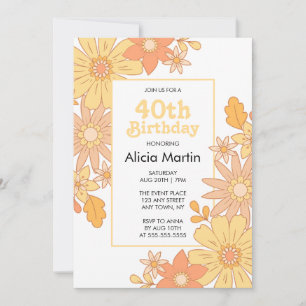 Retro Orange Peach Flora Groovy 40th Birthday Invitation