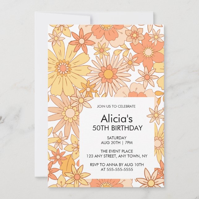 Retro Orange Peach Flora Pattern 50th Birthday Invitation (Front)