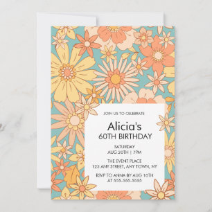 Retro Orange Peach Flora Pattern 60th Birthday Invitation