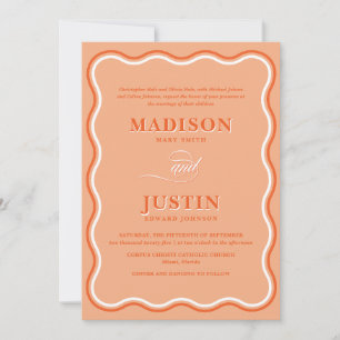 Retro Orange Peach Squiggle Curves Wavy Wedding Invitation