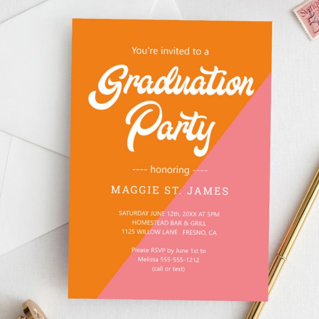 Retro Orange Pink Colour Block Graduation Party Invitation (Creator Uploaded)