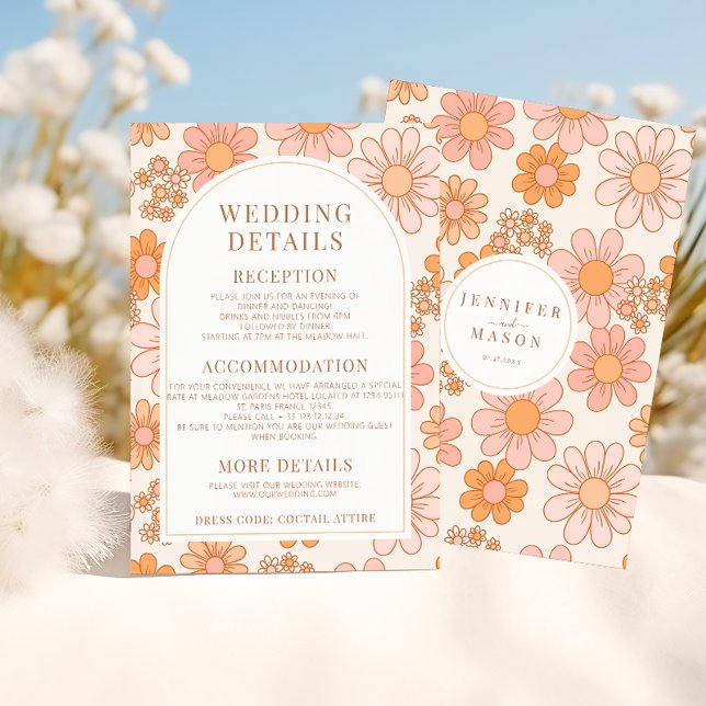 Retro Orange Pink Daisy Wedding Details Cards (Creator Uploaded)