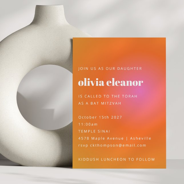 Retro Orange Pink Gradient Formal Bat Mitzvah Invitation (Creator Uploaded)