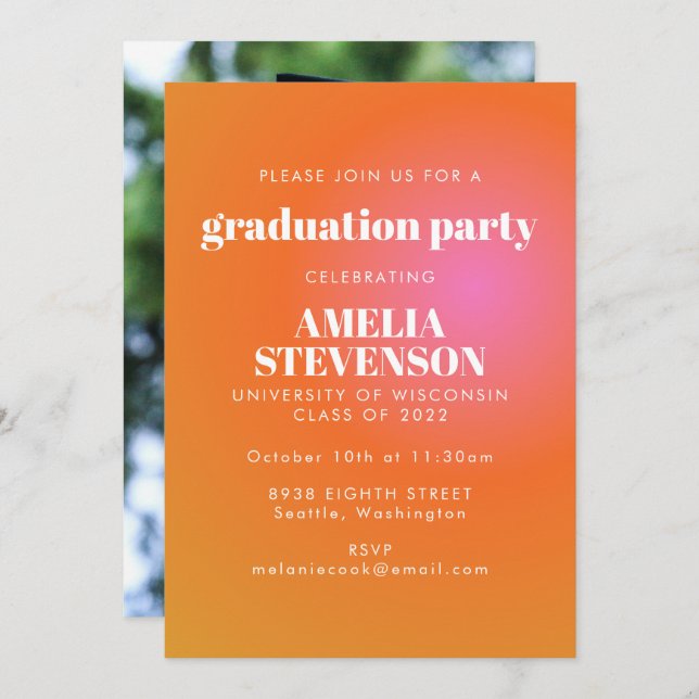 Retro Orange Pink Gradient Photo Graduation Party Invitation (Front/Back)
