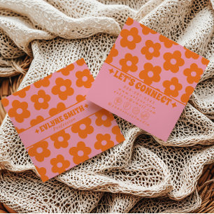 Retro Orange Pink Groovy Floral Trendy Fun Boho Square Business Card