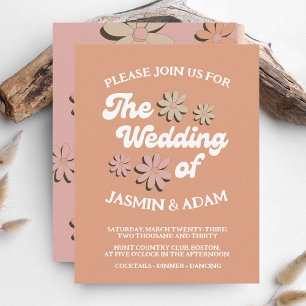 Retro Orange Pink Groovy Floral Wedding Invitation