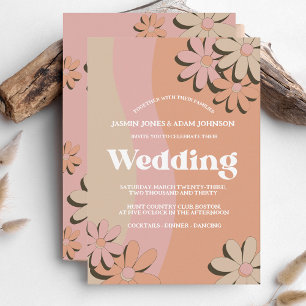 Retro Orange Pink Groovy Flowers Wedding Invite