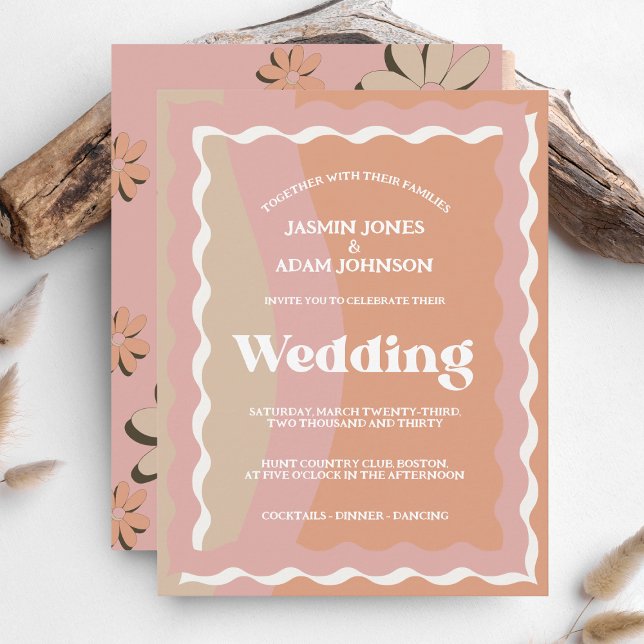 Retro Orange Pink Groovy Wavy Lines Wedding Invite (Creator Uploaded)