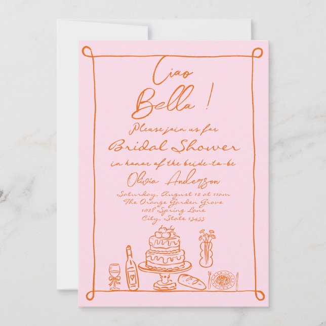 Retro Orange Pink Hand Drawn Italian Bridal Shower Invitation (Front)