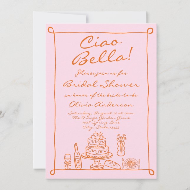Retro Orange Pink Hand Drawn Italian Bridal Shower Invitation (Front)