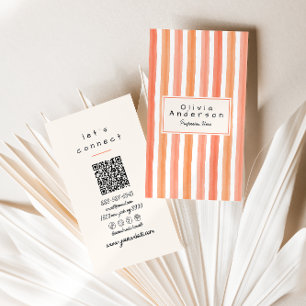 Retro Orange Pink Hand Drawn Stripes Girly QR Code Business Card