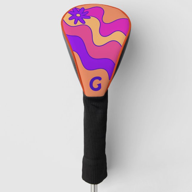Retro Orange Pink & Purple Waves Monogram Golf Head Cover (Front)