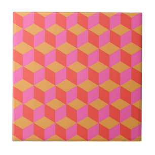 Retro Orange Pink Square Cube Geometric Pattern Ceramic Tile