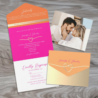 Retro Orange Pink Wedding All In One Invitation