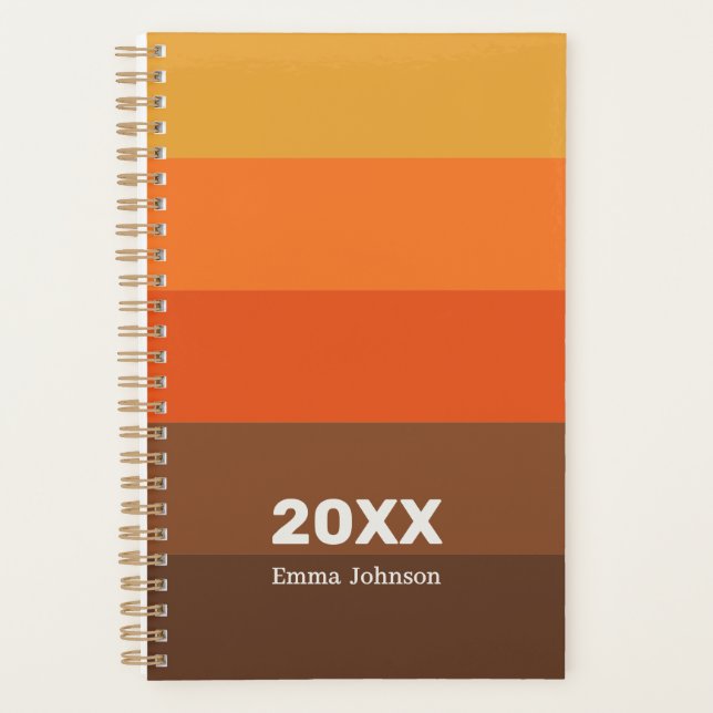 Retro Orange Pumpkin Brown Stripes Name Planner (Front)